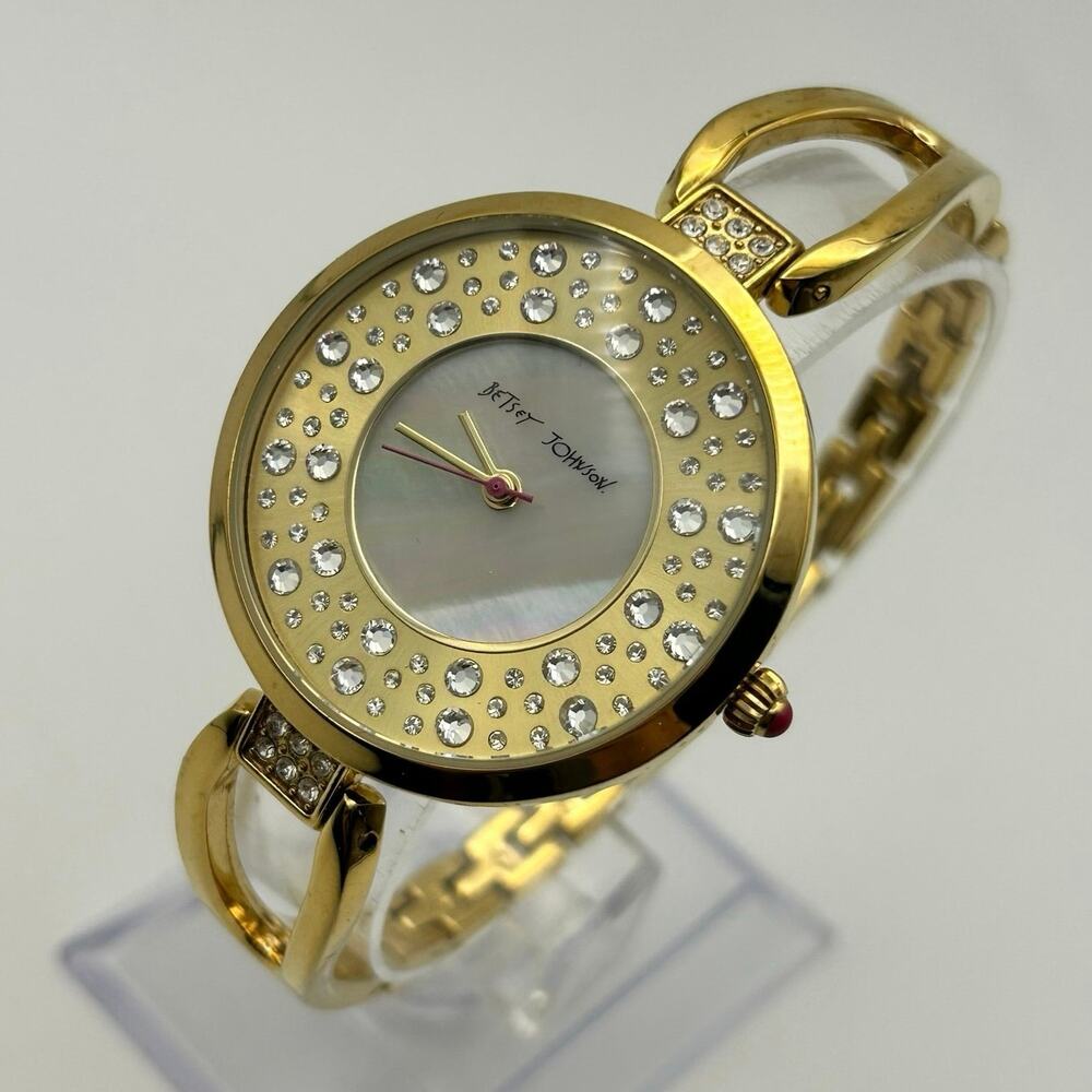 Betsey Johnson Gold Tone Mother Pearl Crystals Women’s Bangle Watch in a Box